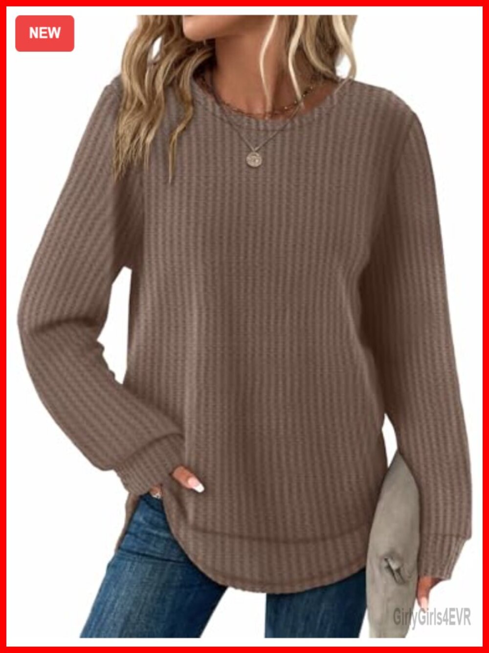 Waffle Knit Tunic Top Long Sleeve Curved Hem Crewneck Loose Fit Casual